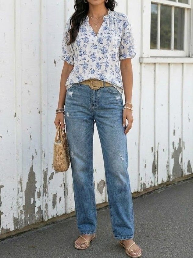 Floral Print Button Front V Neck