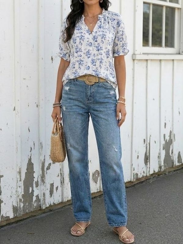 Floral Print Button Front V Neck