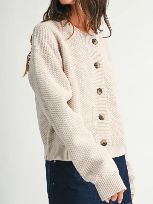 Textured Button Front Cardigan - Bone
