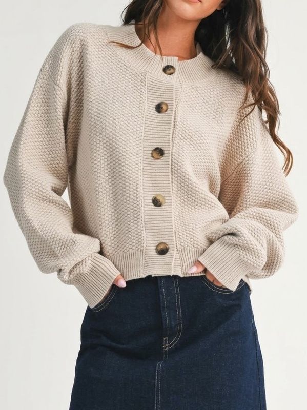 Textured Button Front Cardigan - Bone