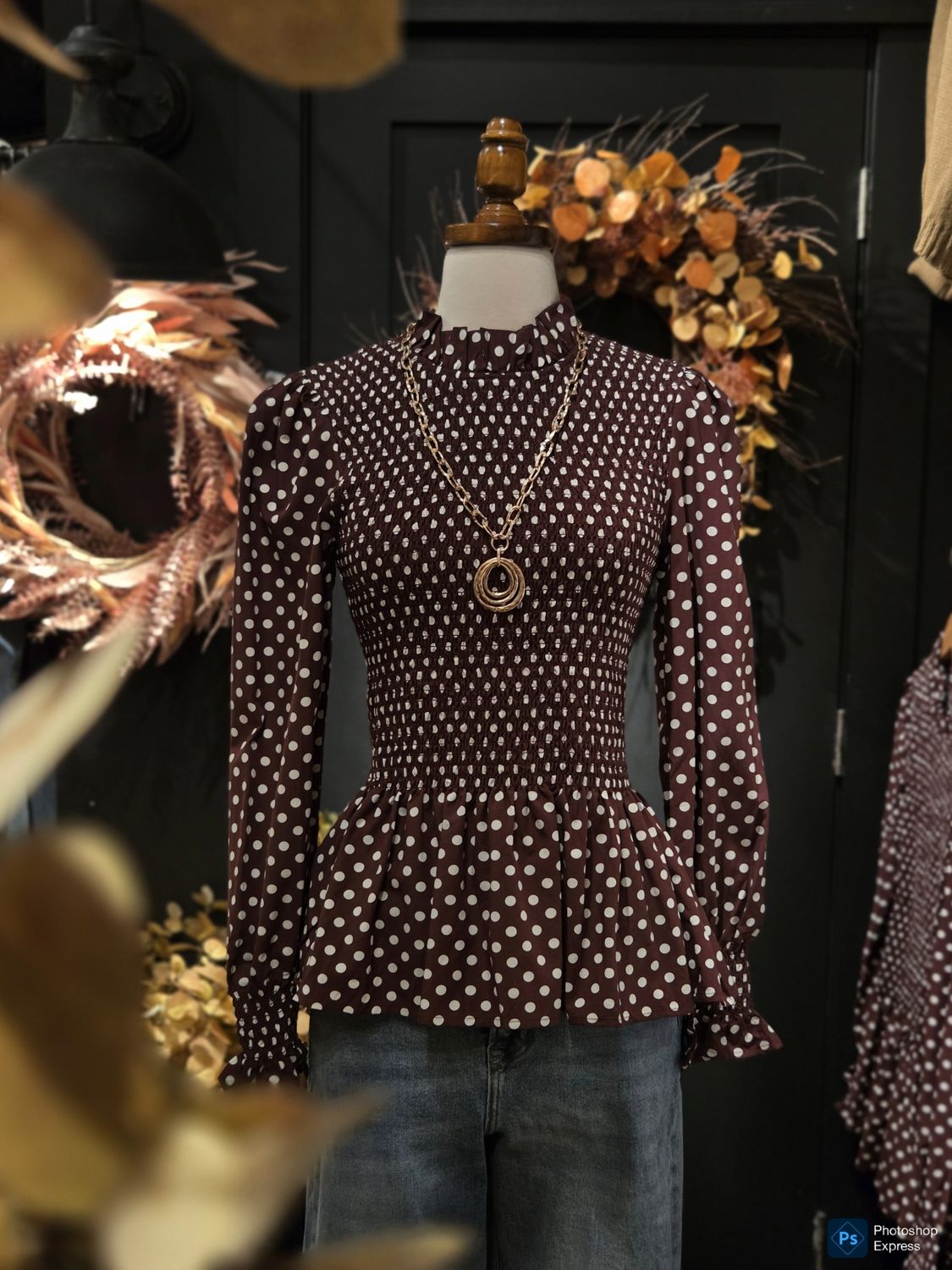 Polka Dot Mock Neck Shirred Blouse