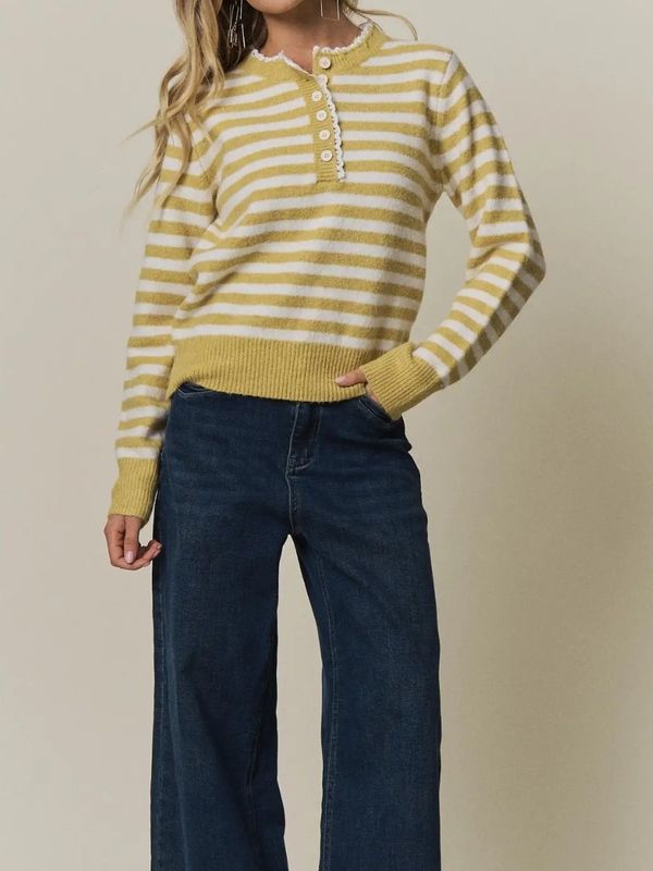 Striped Henley Sweater - Mustard