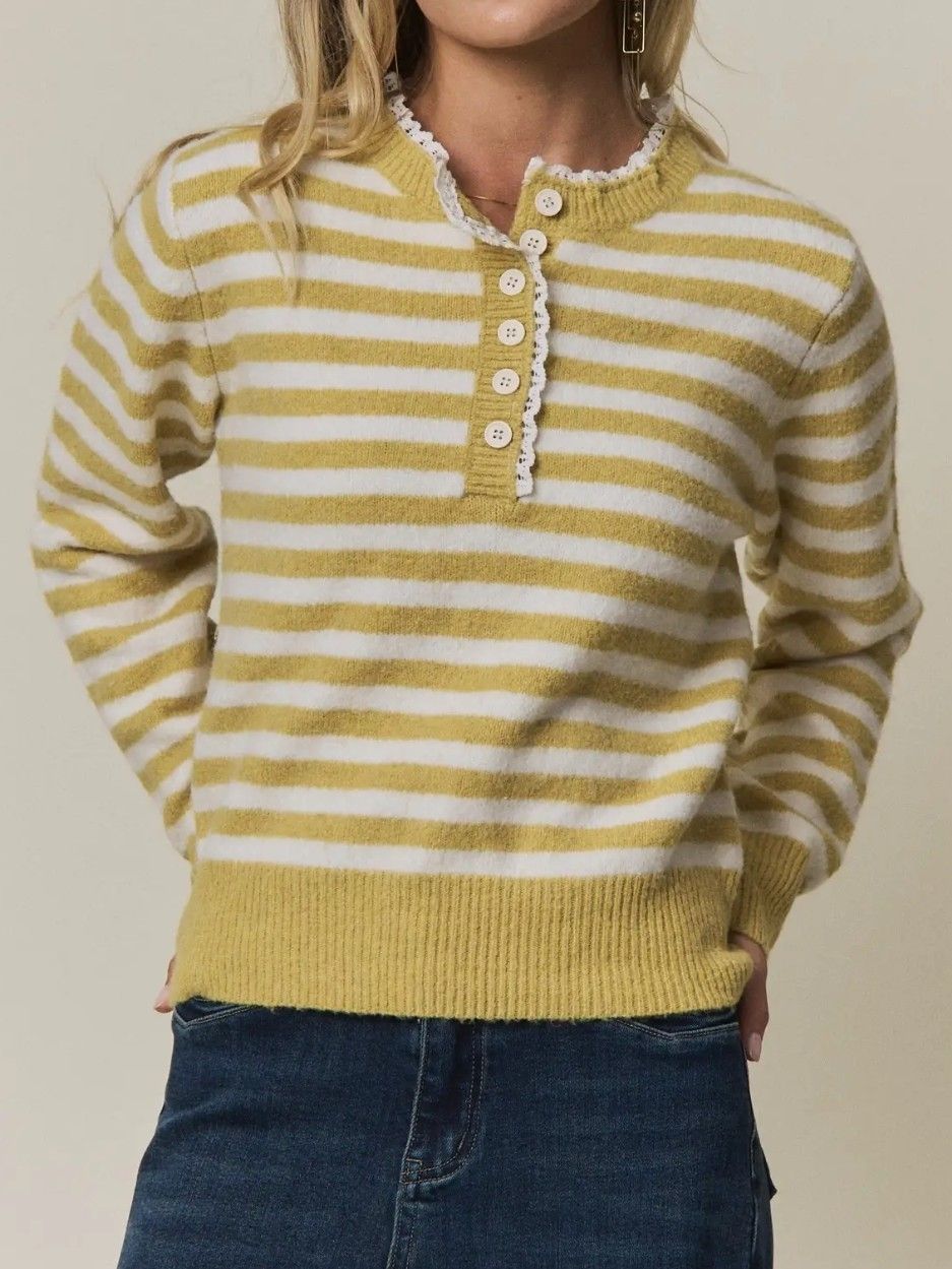 Striped Henley Sweater - Mustard