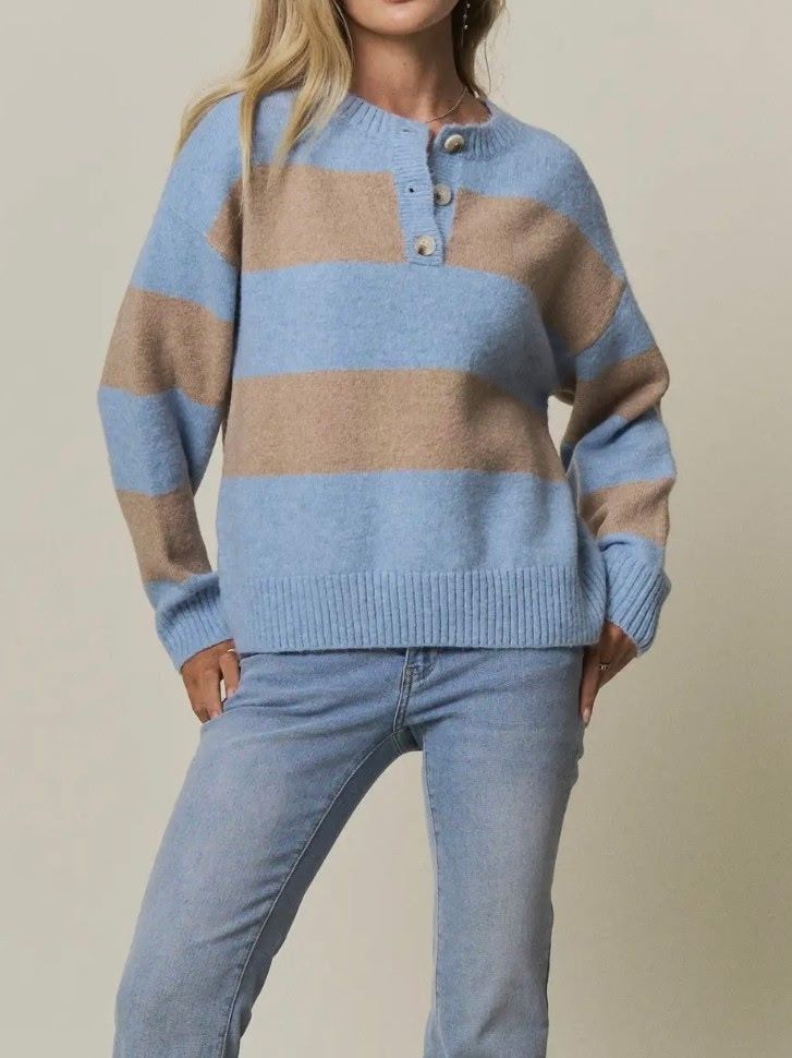 Cozy Striped Sweater - Blue/Taupe