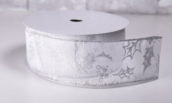 Christmas Ribbon 2 1/2 Inches x 40 Yards Silver with Silver Holly Leaves