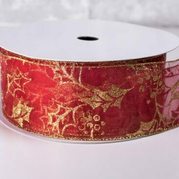 Christmas Ribbon 2 1/2 Inch x 40 Yards Red with Gold Holly Leaves
