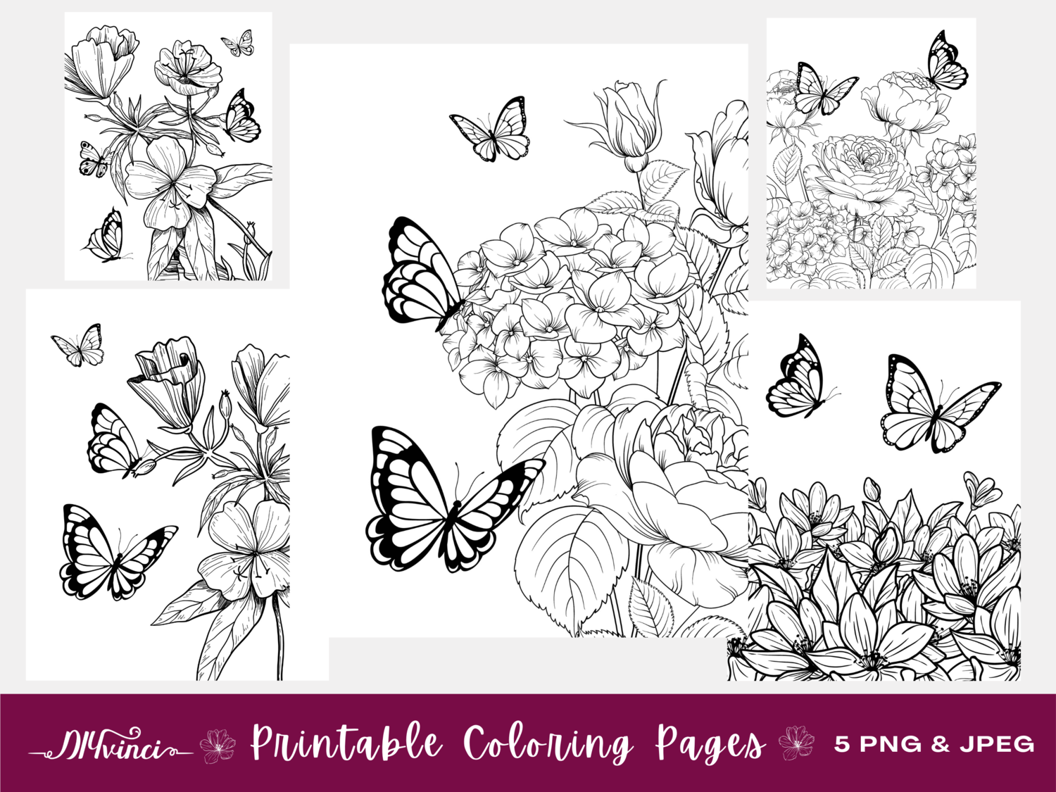 20 Butterfly and Flower Printable Coloring Pages   JPEG & PNG   Personal and  Commercial Use