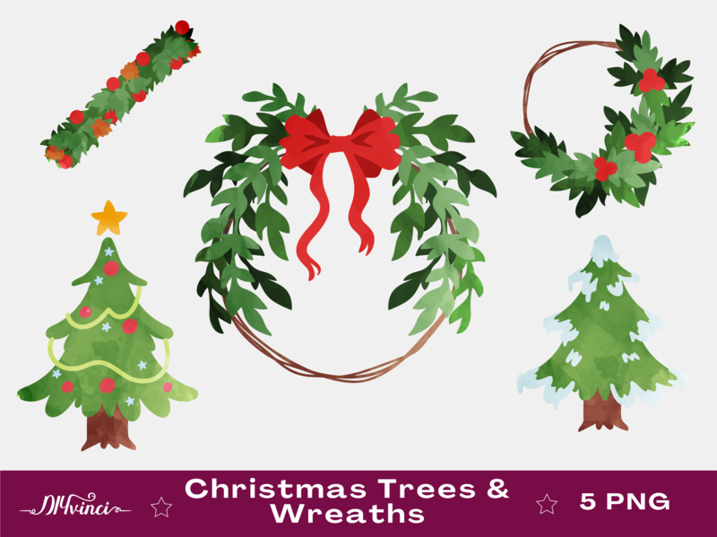 5 Christmas Trees & Wreaths - PNG - Personal and Commercial Use