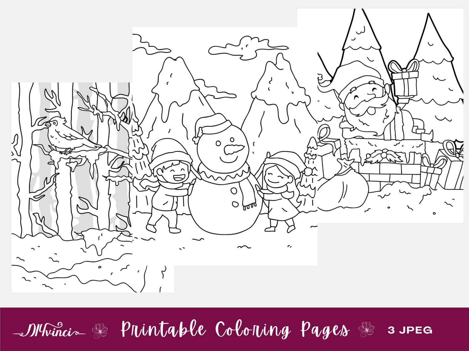 Three Printable Christmas Coloring Pages   JPEG   Personal & Commercial Use