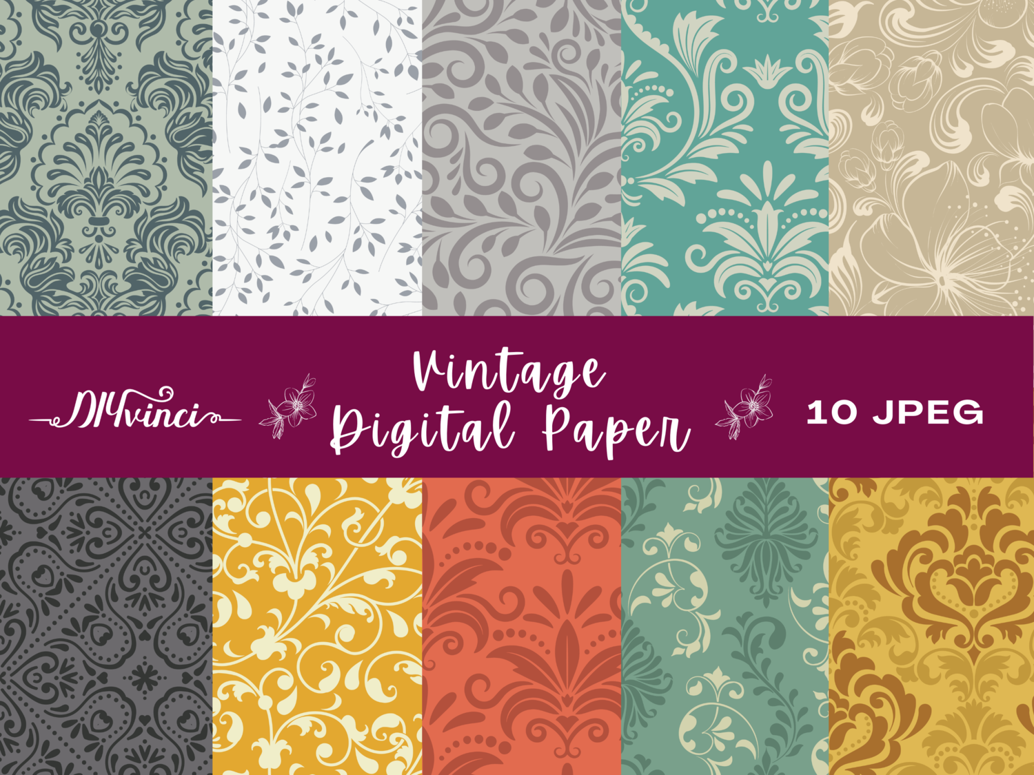 10 Seamless Vintage Digital Paper Patterns - JPEG - Personal & Commercial Use