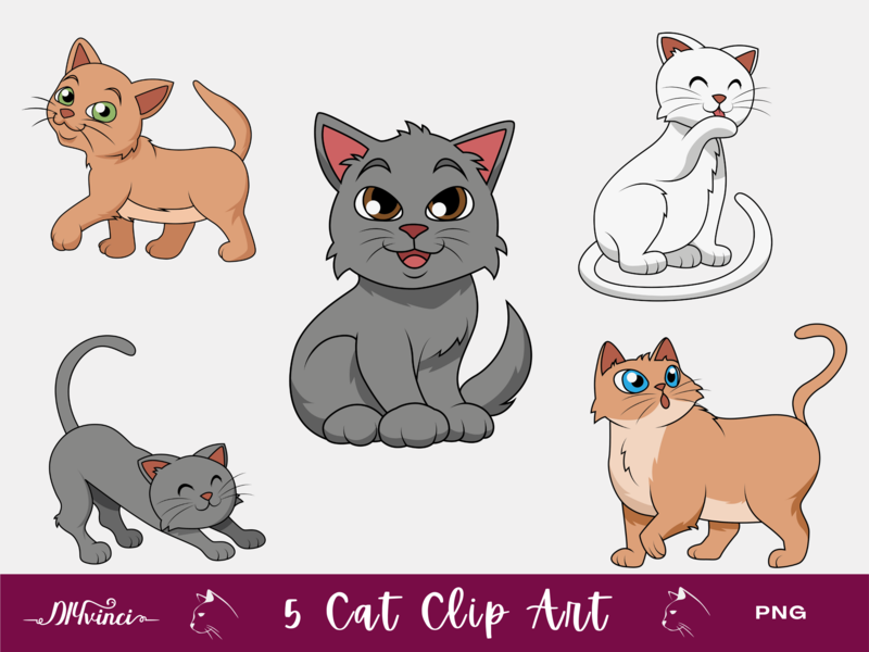 5 Cute Cat Clip Art - PNG - Personal & Commercial Use
