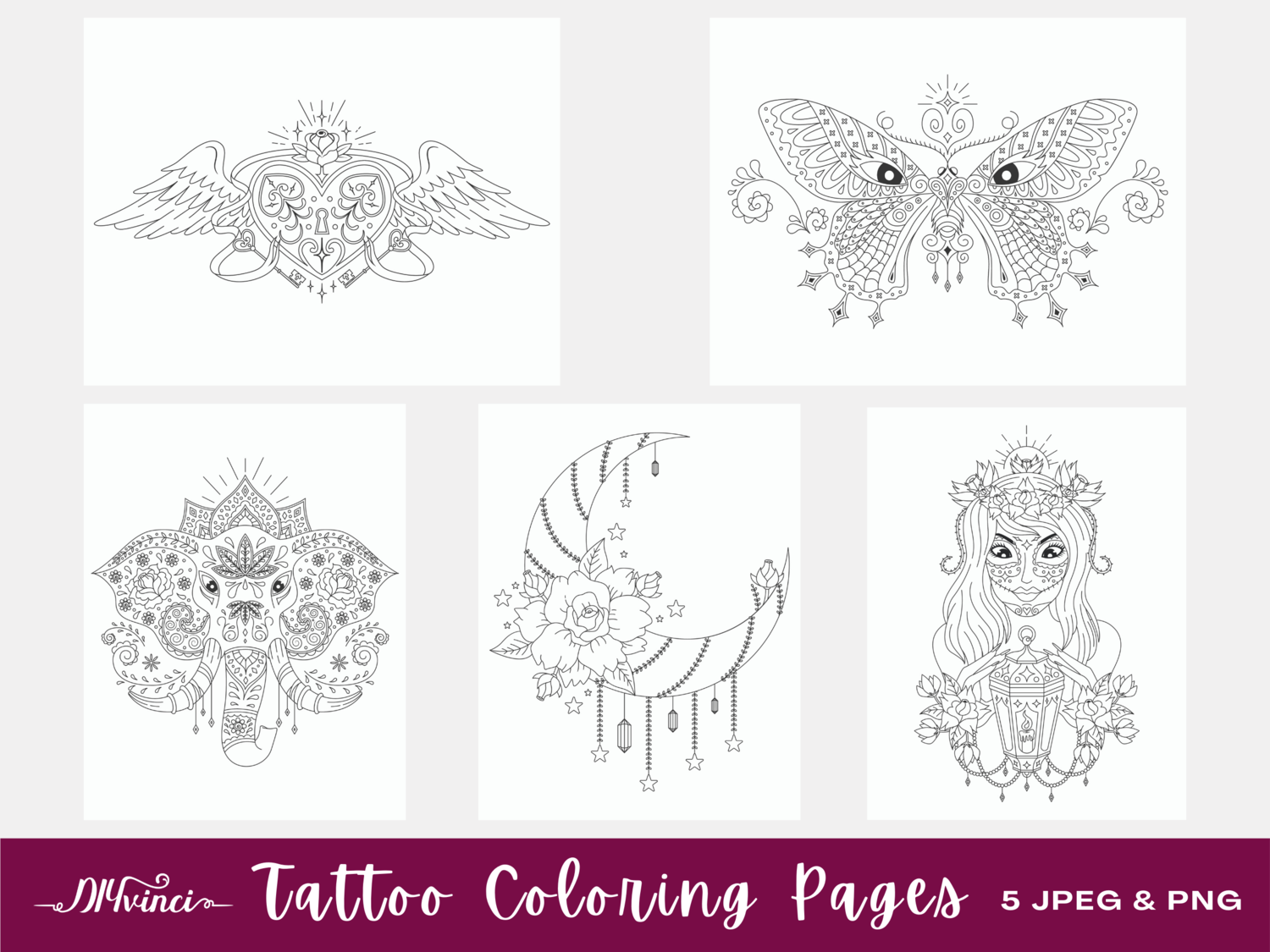 5 Tattoo Printable Coloring Pages - JPEG & PNG - Personal and Commercial Use 5 Tattoo Printable Coloring Pages - JPEG & PNG - Personal and Commercial Use