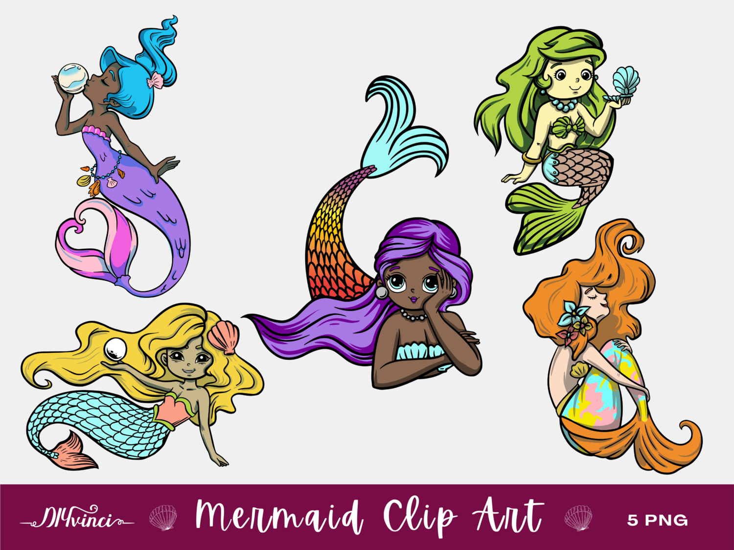 5 Mermaid Clip Art - PNG - Personal & Commercial Use