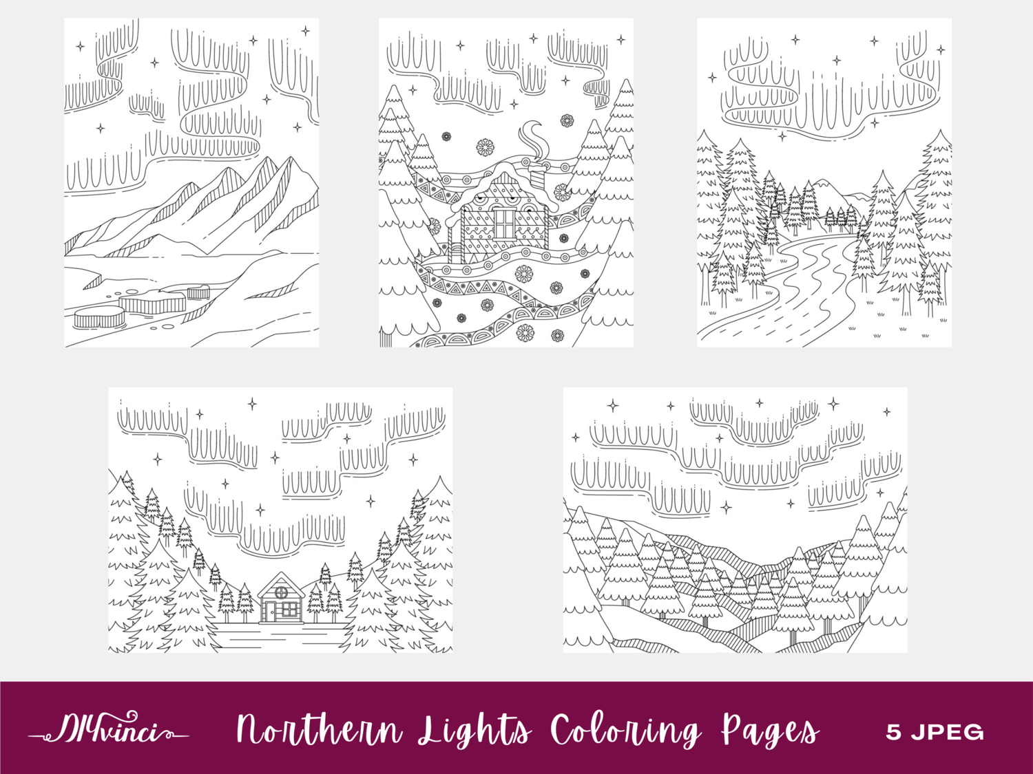 5 Northern Lights Printable Coloring Pages - JPEG - Personal and Commercial Use 5 Northern Lights Printable Coloring Pages - JPEG - Personal and Commercial Use