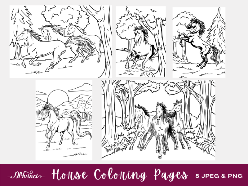 5 Wild Horse Printable Coloring Pages - JPEG & PNG - Personal and Commercial Use