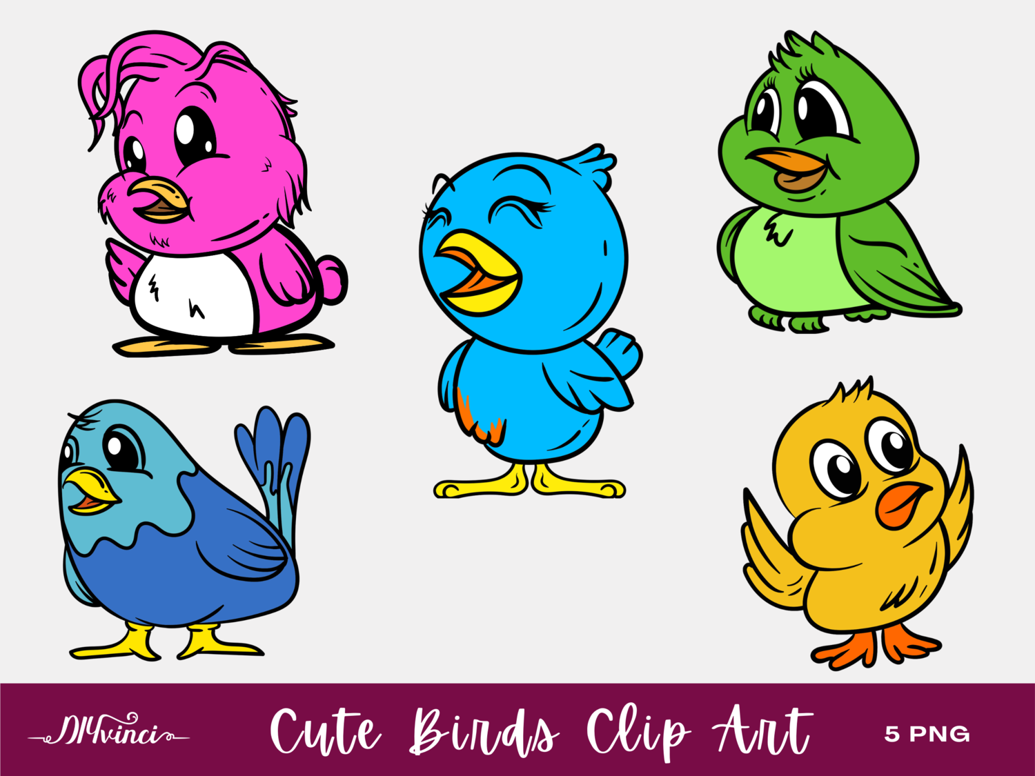 5 Cute Birds Clip Art - PNG - Personal & Commercial Use