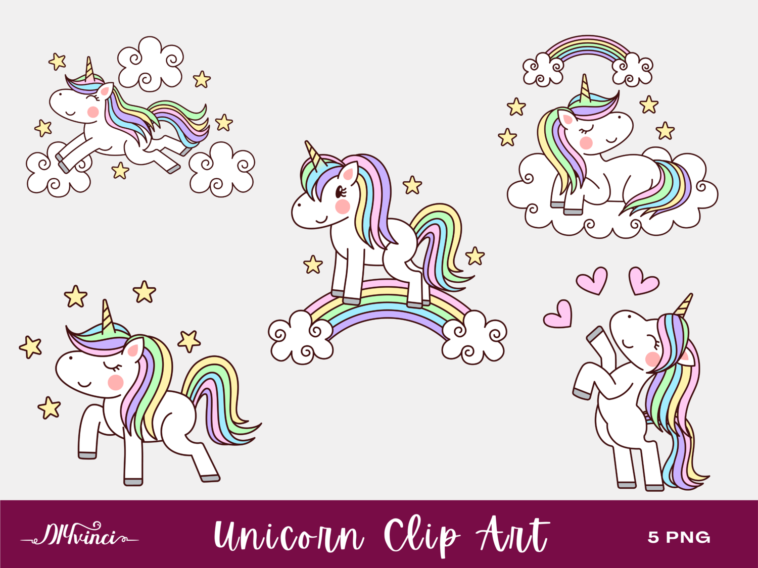 5 Unicorn Clip Art - PNG - Personal & Commercial Use
