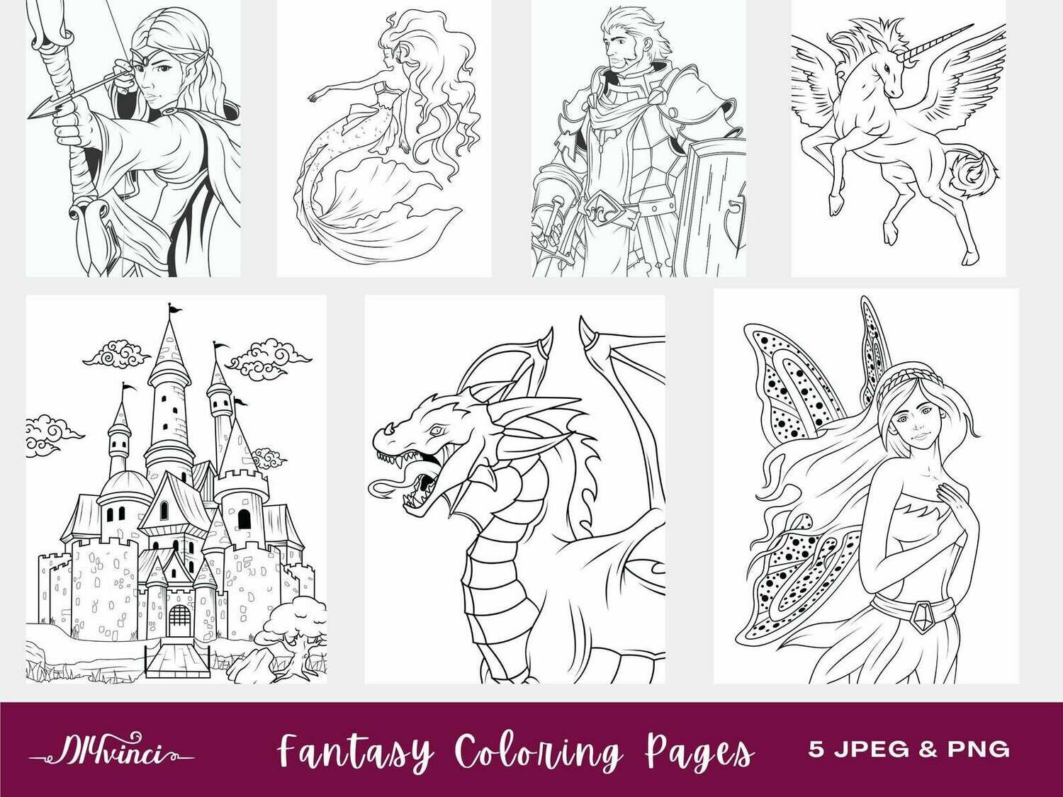 7 Printable Fantasy Coloring Pages - JPEG - Personal & Commercial Use 7 Printable Fantasy Coloring Pages - JPEG - Personal & Commercial Use