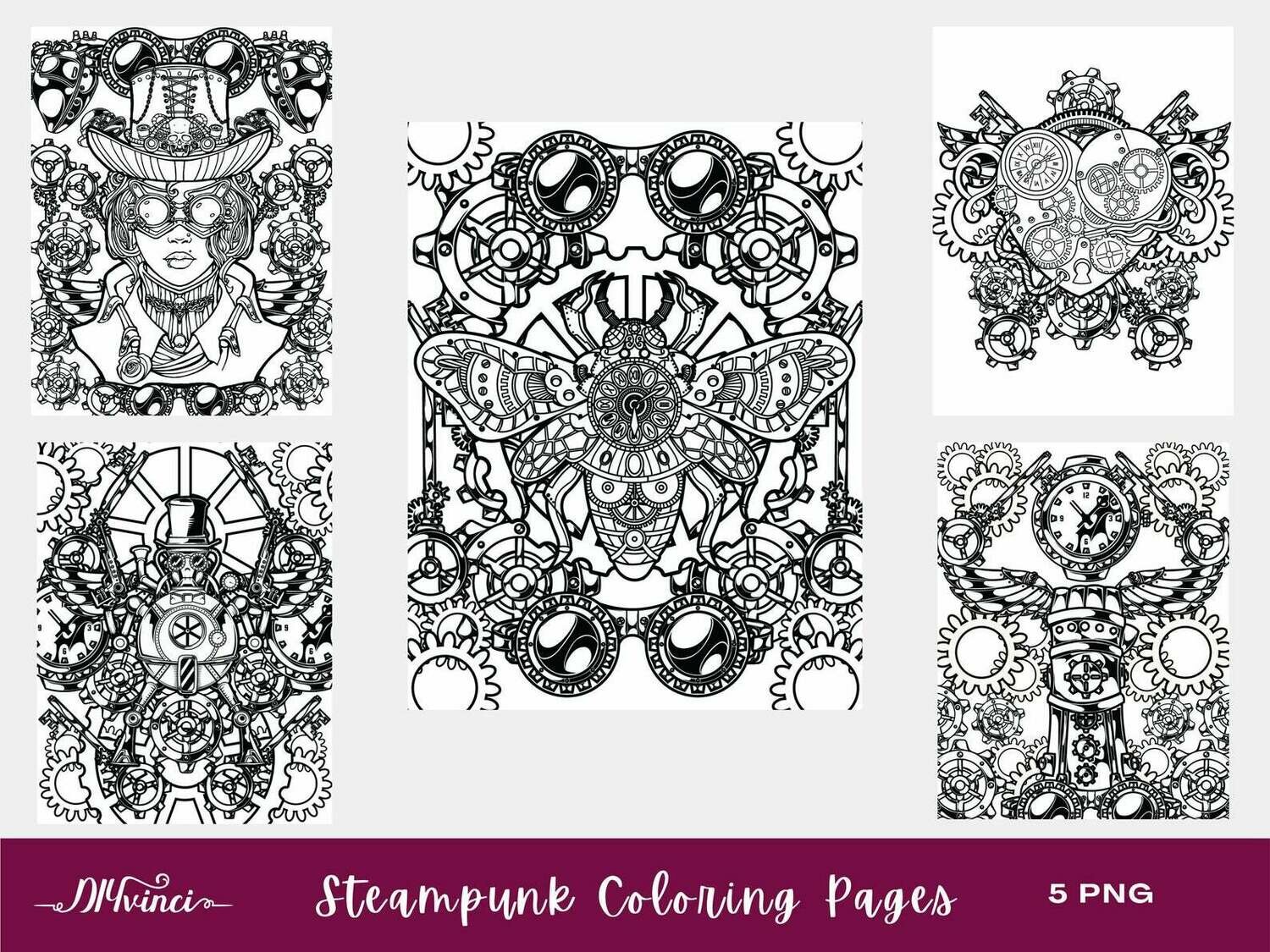 20 Steampunk Printable Coloring Pages   PNG   Personal and Commercial Use