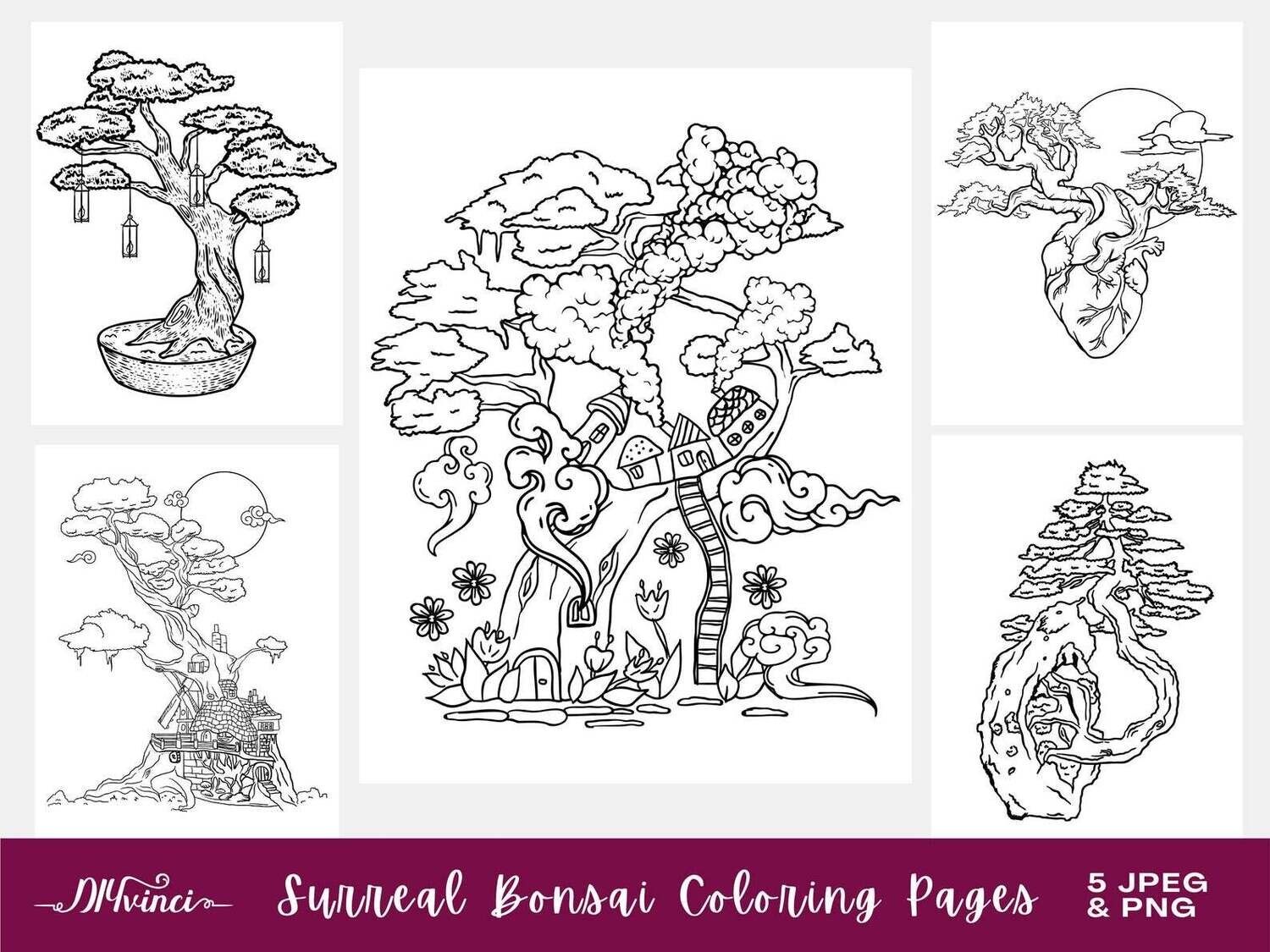 5 Printable Surreal Bonsai Coloring Pages - JPEG, PNG - Personal & Commercial Use 5 Printable Surreal Bonsai Coloring Pages - JPEG, PNG - Personal & Commercial Use