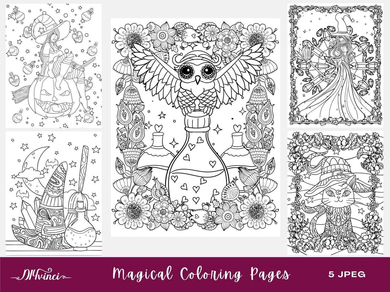 Printable Magical/Witch Coloring Pages - 5 JPEG - Personal & Commercial Use