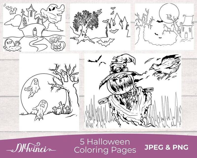 Printable Halloween Coloring Pages - 5 JPEG and PNG - Personal & Commercial Use
