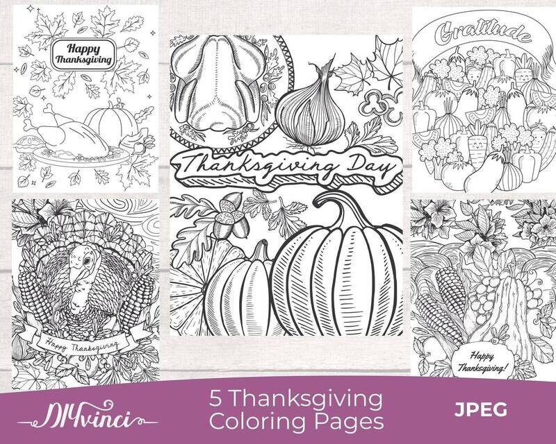Printable Thanksgiving Coloring Pages - 5 JPEG - Personal & Commercial Use