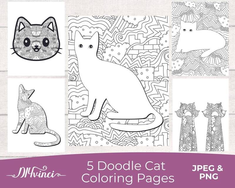 Printable Doodle Cat Coloring Pages - 5 JPEG and PNG - Personal & Commercial Use