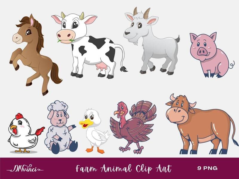 Cute Farm Animals Clip Art - 9 PNG - Personal & Commercial Use