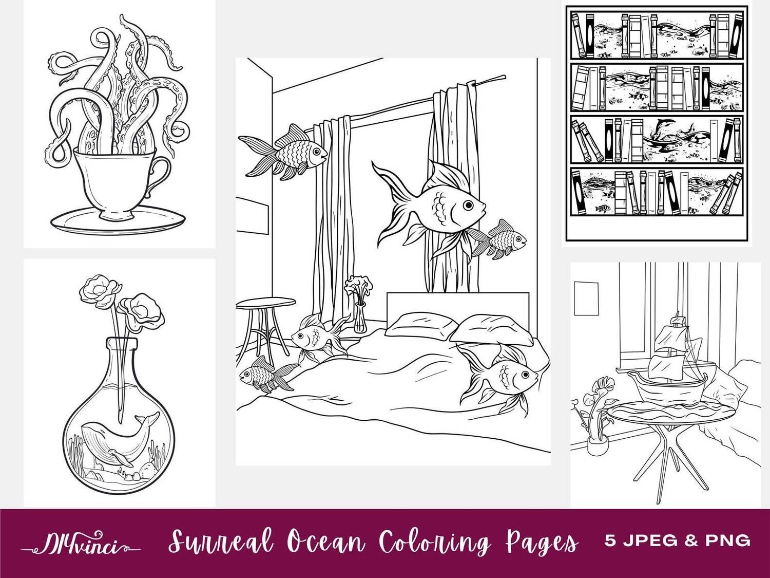 Surreal Ocean Printable Coloring Pages   JPEG & PNG   Personal and  Commercial Use