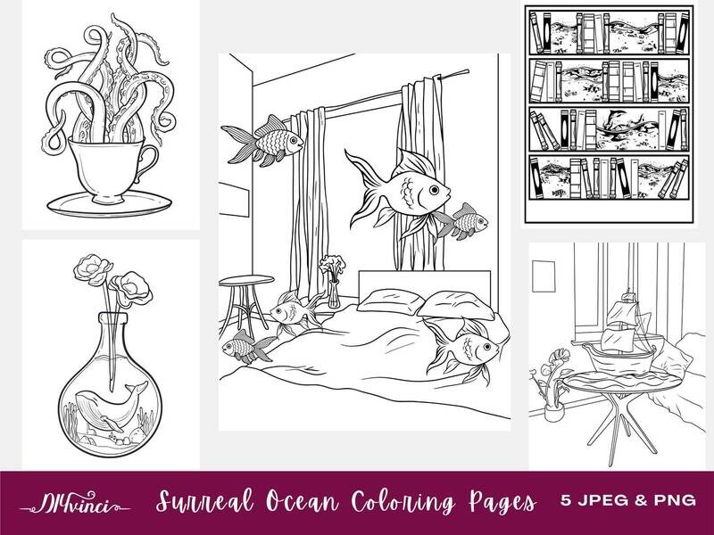 Surreal Ocean Printable Coloring Pages - JPEG & PNG - Personal and Commercial Use