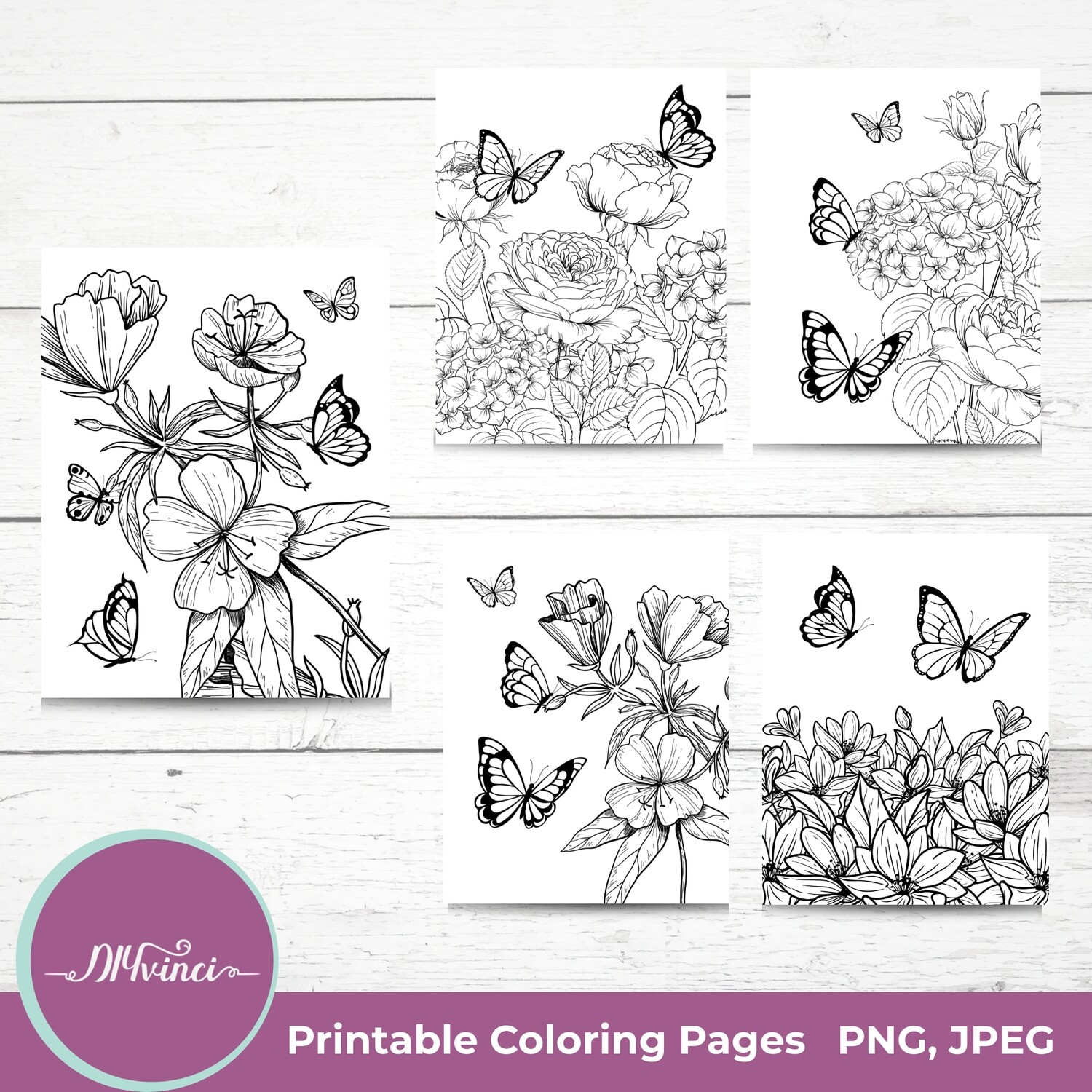5 Butterfly and Flower Printable Coloring Pages - JPEG & PNG - Personal and Commercial Use