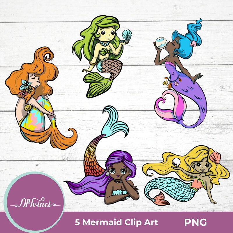 5 Mermaid Clip Art - PNG - Personal & Commercial Use