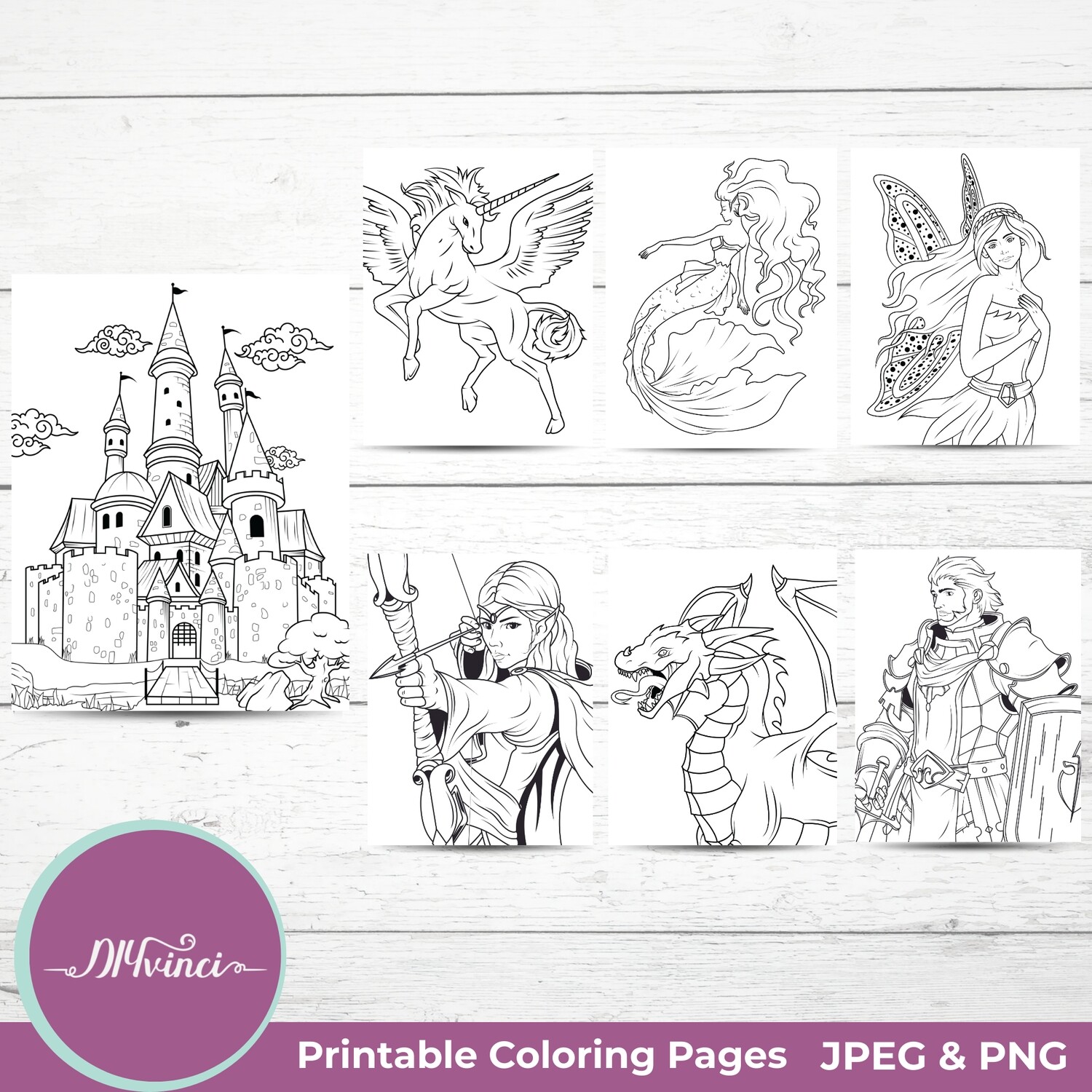 7 Printable Fantasy Coloring Pages - JPEG - Personal & Commercial Use