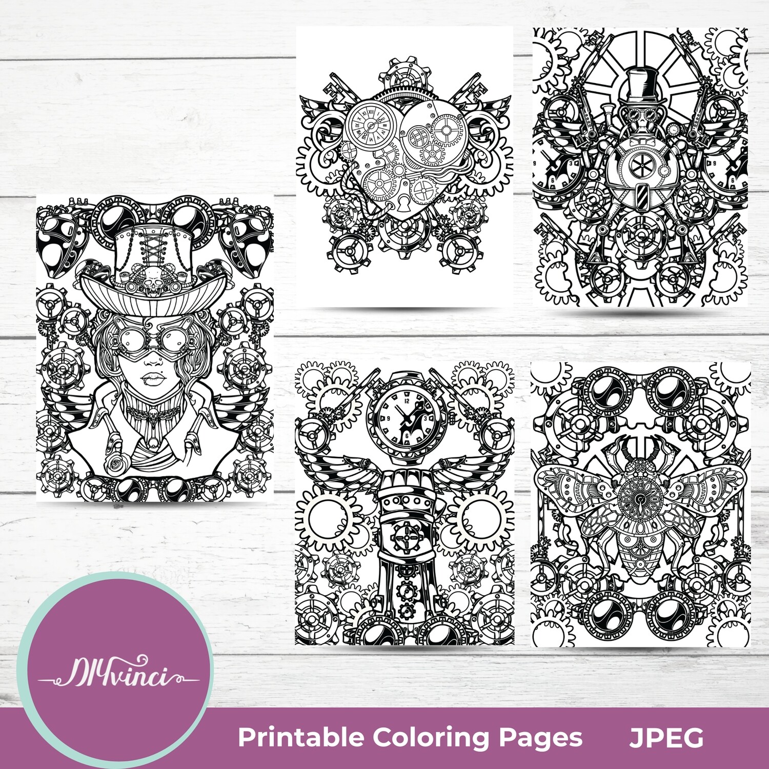 5 Steampunk Printable Coloring Pages - PNG - Personal and Commercial Use