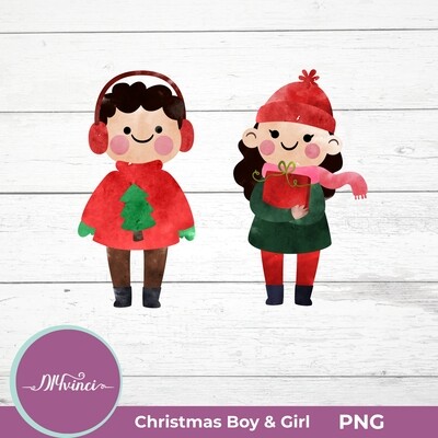Christmas Clipart Little Boy & Girl - PNG - Personal and Commercial Use