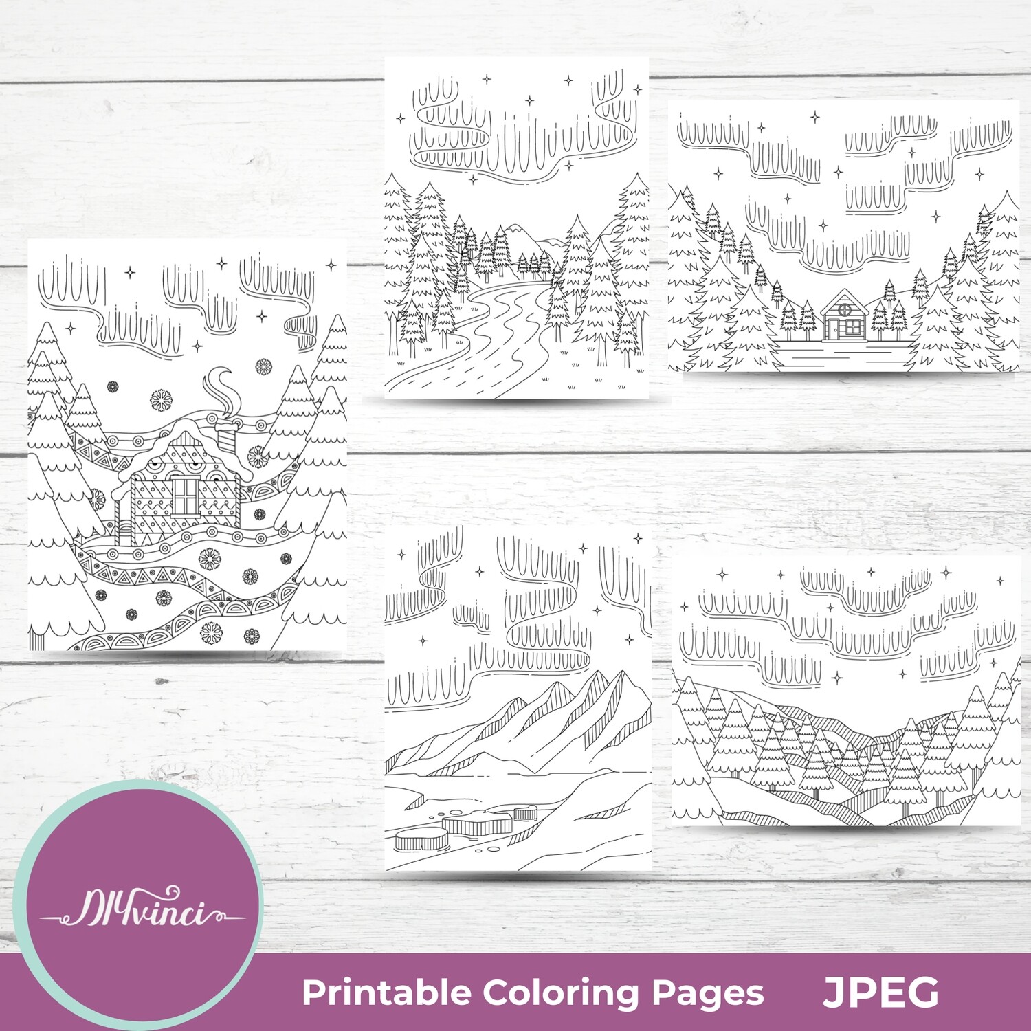 5 Northern Lights Printable Coloring Pages - JPEG - Personal and Commercial Use