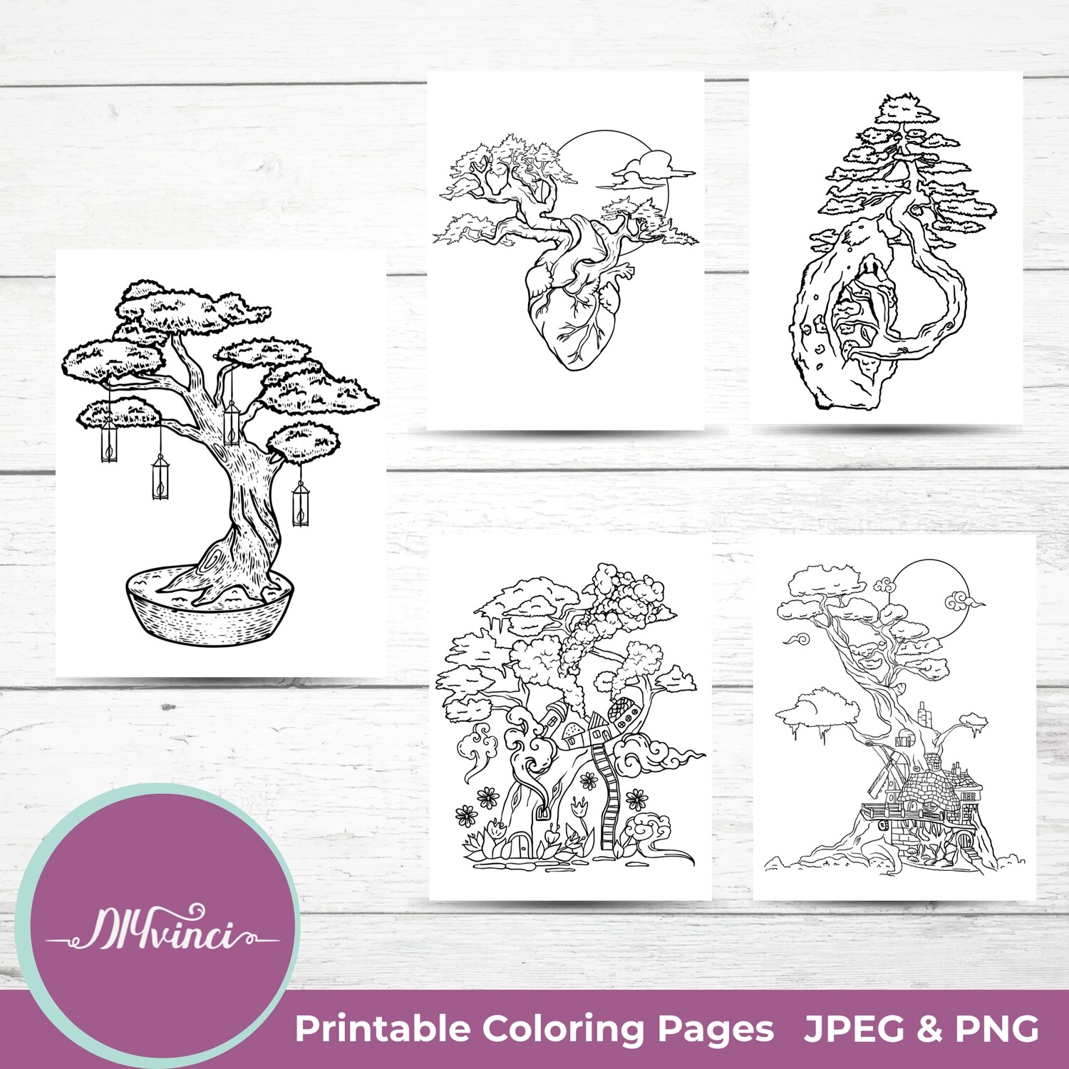 5 Printable Surreal Bonsai Coloring Pages - JPEG, PNG - Personal & Commercial Use
