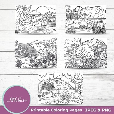 5 Landscape Printable Coloring Pages - JPEG & PNG - Personal and Commercial Use
