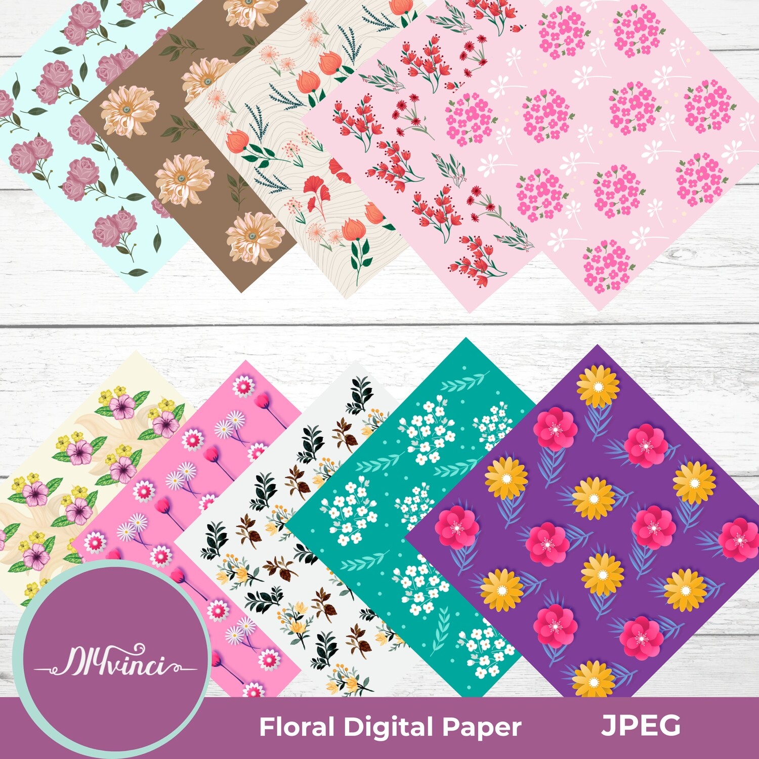 Seamless Floral Digital Paper Pack - 10 PNG - Personal & Commercial Use