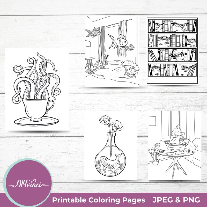 Surreal Ocean Printable Coloring Pages - JPEG & PNG - Personal and Commercial Use