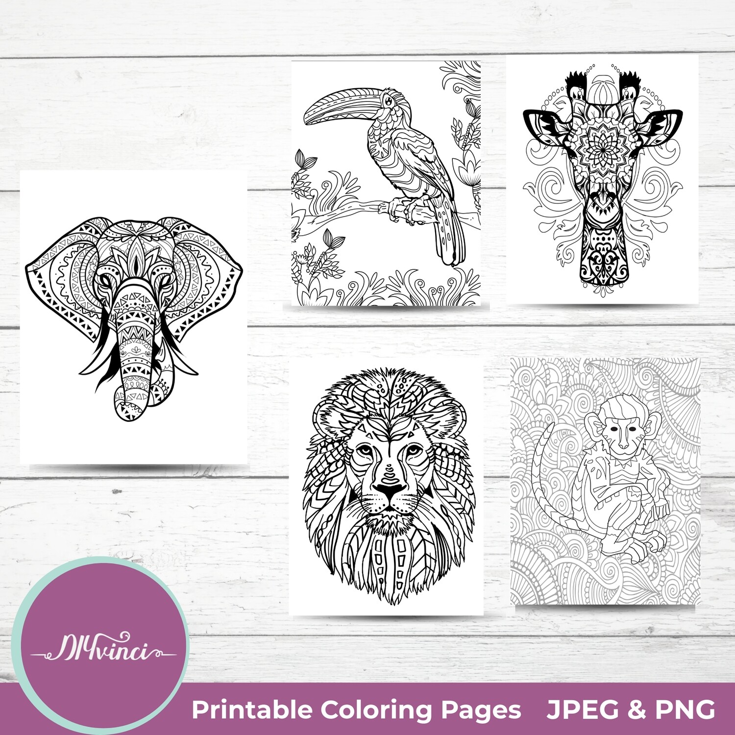 Safari Printable Coloring Pages - 5 JPEG & PNG - Personal and Commercial Use
