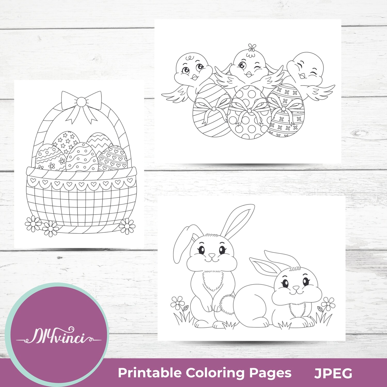 3 Printable Cute Easter Coloring Pages - JPEG - Personal & Commercial Use