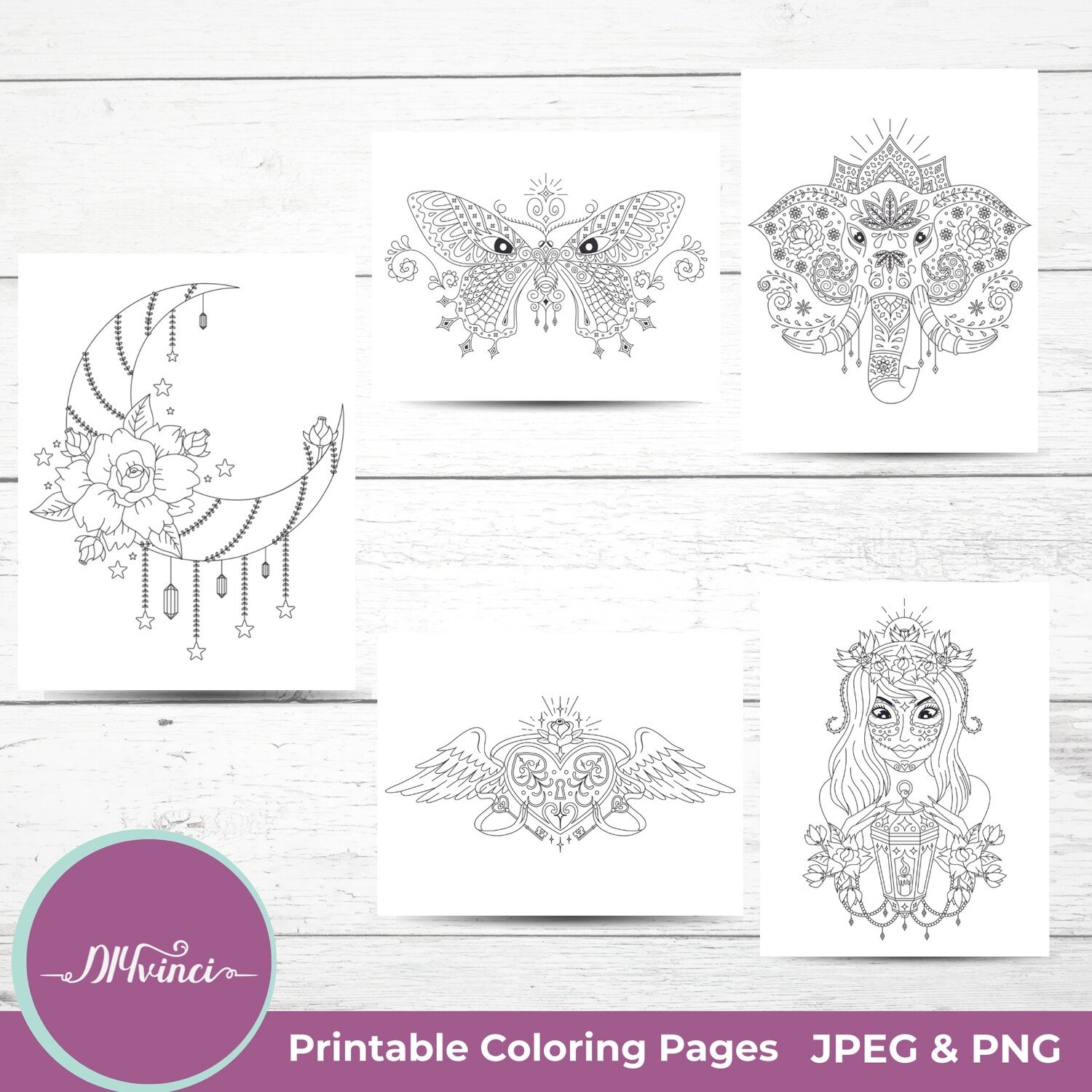 5 Tattoo Printable Coloring Pages - JPEG & PNG - Personal and Commercial Use