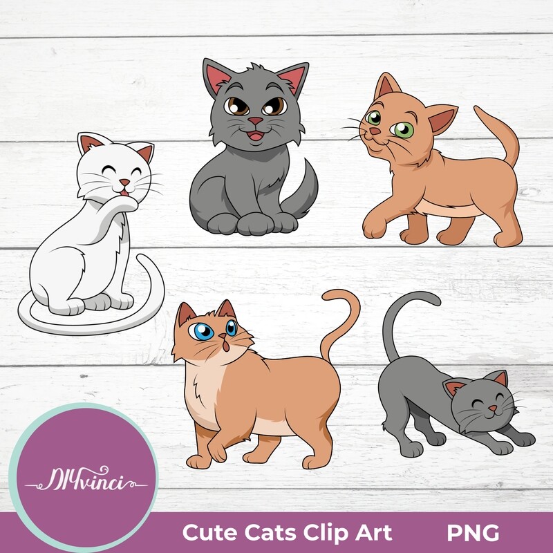 5 Cute Cat Clip Art - PNG - Personal & Commercial Use