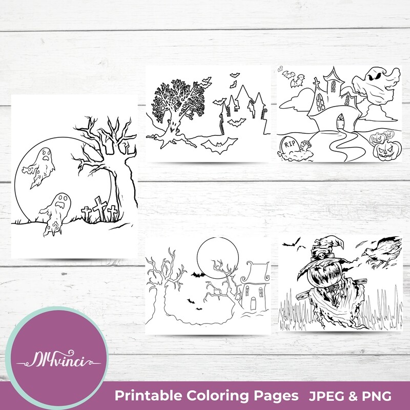 Printable Halloween Coloring Pages - 5 JPEG and PNG - Personal & Commercial Use
