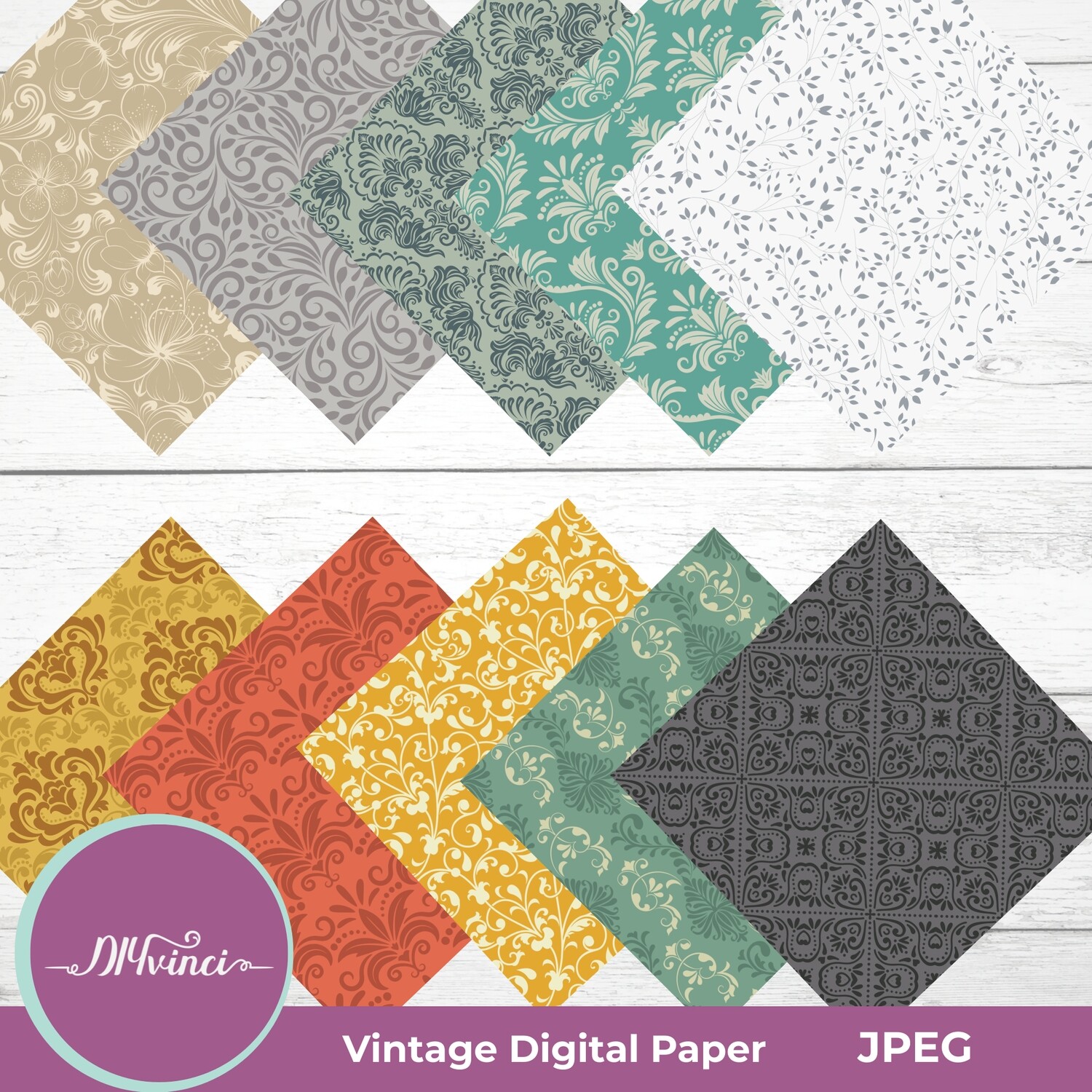 10 Seamless Vintage Digital Paper Patterns - JPEG - Personal & Commercial Use