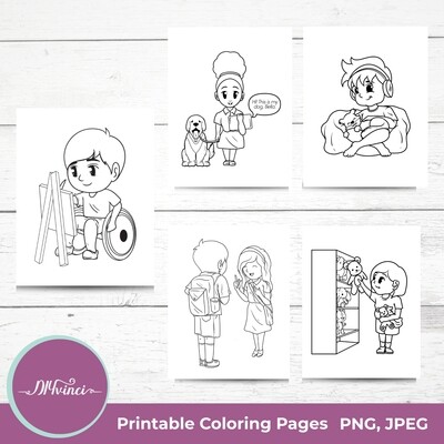 5 Children Neurodiversity and Disability Coloring Pages - JPEG & PNG - Personal and Commercial Use