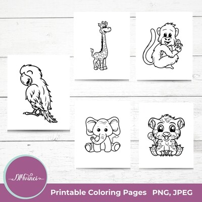 5 Children Zoo Animals Coloring Pages - JPEG & PNG - Personal and Commercial Use