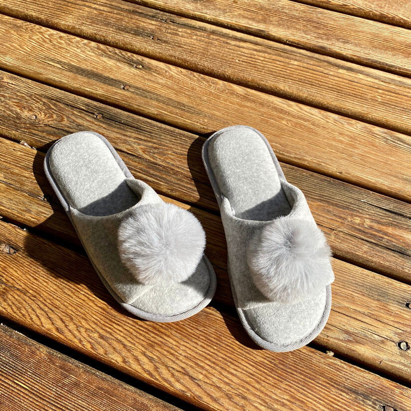 gray pom pom slippers
